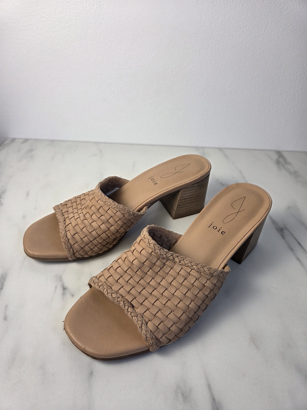 Joie Woven Tan Slide Sandals with Block Heel
